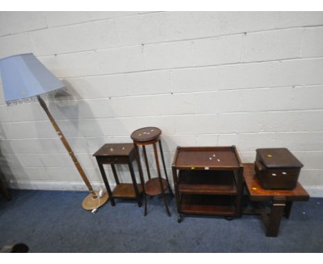 A SELECTION OF OCCASIONAL FURNITURE, to include a three tier trolley, an occasional table, a small storage box, a plant stand