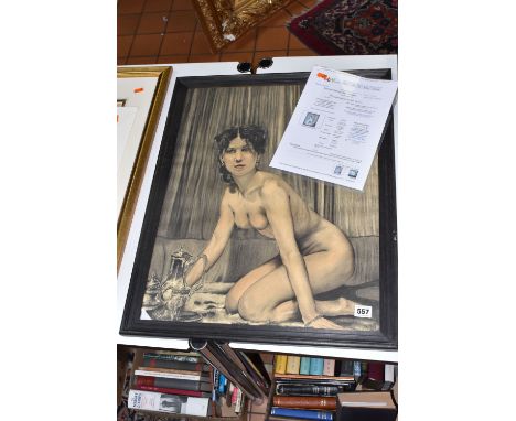 J. VECKENS (20TH CENTURY) A SKETCH OF A NUDE FEMALE FIGURE, she is kneeling on a rug with silver wares on a tray beside her, 