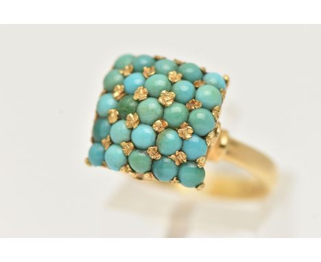 A TURQUOISE CLUSTER RING, a yellow metal raised square form mount set with twenty five circular form cabochon turquoise stone