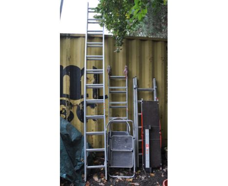 ASELECTION OF ALUMINIUM LADDERS, STEPS AND STEEL STEPS including a small double extension ladder with separate foot and Young
