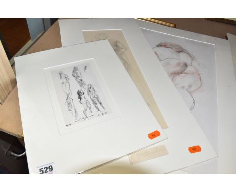 FOUR NUDE FEMALE FIGURE STUDIES ON PAPER, comprising Olive F. Openshaw standing nude pencil sketch signed to rebate in the mo