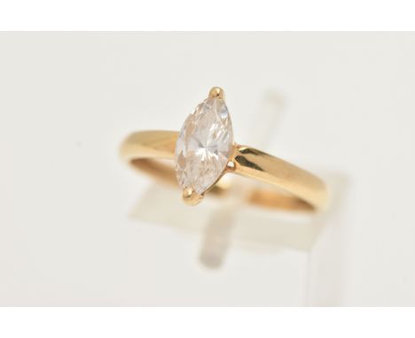 AN 18CT GOLD SINGLE STONE RING, a marquise cut colourless cubic zirconia, prong set in yellow gold, hallmarked 18ct Birmingha