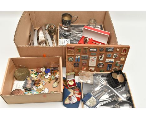 A BOX OF ASSORTED WHITE METAL WARE, to include boxed sets of stainless steel 'Oka' cutlery pieces, a boxed EPNS baby food pus