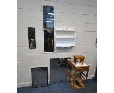 FOUR VARIOUS WALL MIRRORS, a pine trolley with a single drawer, a stool, and a painted wall hanging shelf (condition report: 