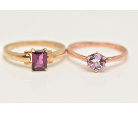 TWO 9CT GOLD GEM SET RINGS, a yellow gold ring set with a single rectangular cut stone, a rose gold ring set with a single ci