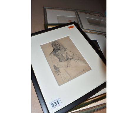 ASIAN INTEREST: a collection of five pictures and prints, comprising an early 20th century pencil sketch of a seated Buddhist