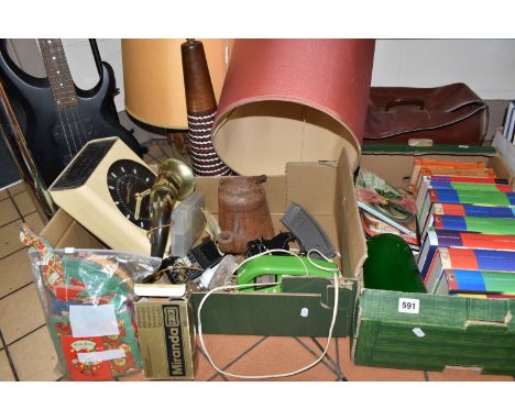 TWO BOXES AND LOOSE BOOKS AND MISCELLANOEUS ITEMS to include ten copies of Harry Potter books, six orange spined Penguin clas