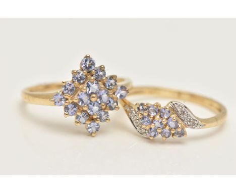 TWO 9CT GOLD GEM SET RINGS, two yellow gold cluster rings, set with circular cut tanzanite stones, hallmarked 9ct Birmingham,