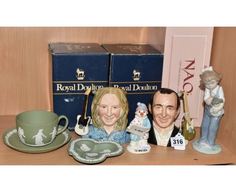 A GROUP OF COLLECTABLE CERAMICS comprising a pair of boxed Royal Doulton Limited Edition character jugs of Status Quo members