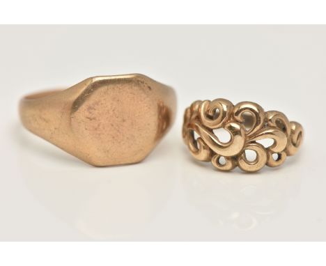 TWO 9CT GOLD RINGS, the first a gents yellow gold signet ring, hallmarked 9ct Birmingham, ring size R, together with a small 