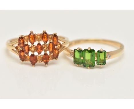 TWO 9CT GOLD GEM SET RINGS, a three green stone ring prong set in yellow gold, an orange and yellow stone cluster ring, prong