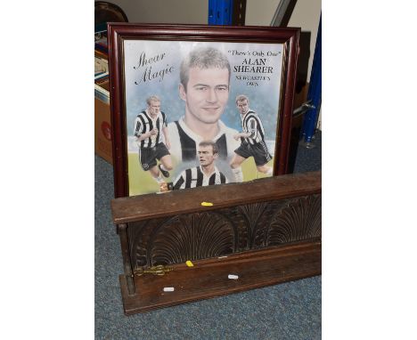 A SMALL GROUP OF SUNDRY ITEMS comprising a  carved wooden shelf with decorative designs, a framed Alan Shearer picture, and t