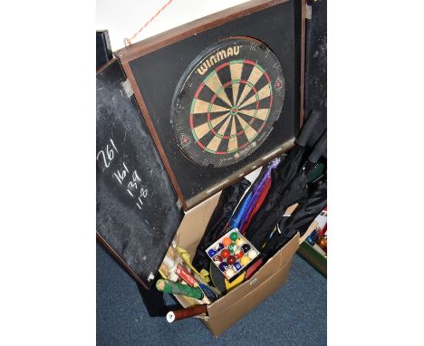 ONE BOX AND LOOSE SPORTS ITEMS AND SUNDRIES, to include a dartboard enclosed in a cabinet with chalk board inside, a Monarch 