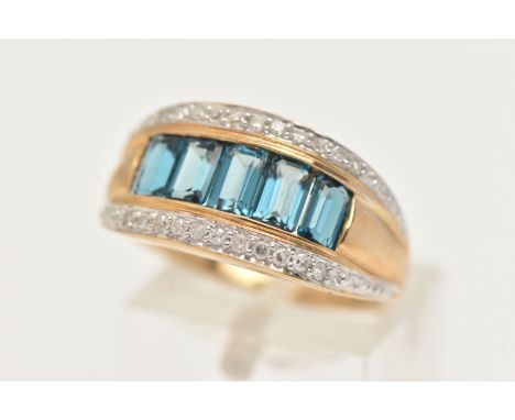 A 9CT GEM SET RING, five blue rectangular stones channel set, with cubic zirconia set to the edges, hallmarked 9ct Birmingham