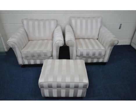 A PAIR OF STRIPED CREAM UPHOLSTERED ARMCHAIRS, on block feet, width 99cm x depth 92cm x height 82cm, and a matching storage p