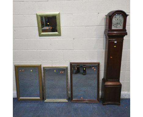 A 20TH CENTURY LONGCASE CLOCK, adapted from a mantle clock and a separate trunk, height 178cm, along with four various wall m