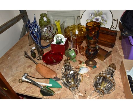 A COLLECTION OF DECORATIVE GLASS ITEMS, to include, two vintage crystal wall sconces, brass detail, a Beswick duck wall hangi