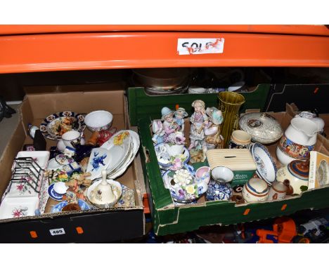 FIVE BOXES OF CERAMICS AND GLASSWARE, to include Booth's blue and white 'Real Old Willow' large round platter and three dinne