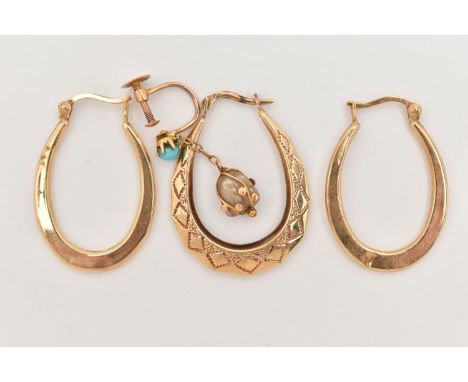 A PAIR OF YELLOW METAL HOOP EARRINGS AND TWO SINGLE EARRINGS, to include a pair of polished hollow oval hoop earrings, stampe