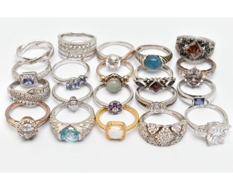 A BAG OF TWENTY RINGS, to include nineteen white metal rings of various designs, most set with cubic zirconia or semi-preciou