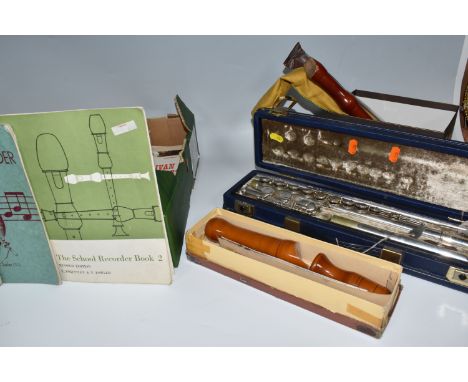 A BOX AND LOOSE WIND INSTRUMENTS AND SHEET MUSIC to include a cased Boosey and Hawkes 'Emperor' flute, a boxed Adler recorder