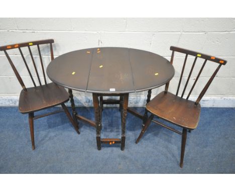 A 20TH CENTURY OAK BARLEY TWIST GATE LEG TABLE, open width 93cm x closed width 32cm x depth 62cm x height 74cm, along with a 