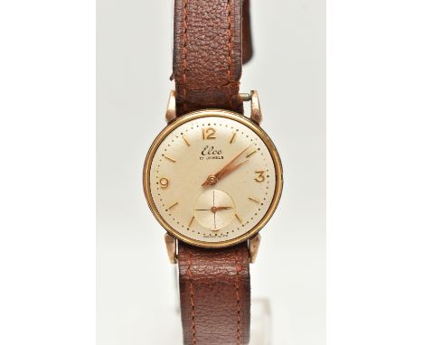 A 1950'S 9CT GOLD ELCO WRISTWATCH, with circular face, Roman numeral and baton markers, subsidiary dial and brown leather str