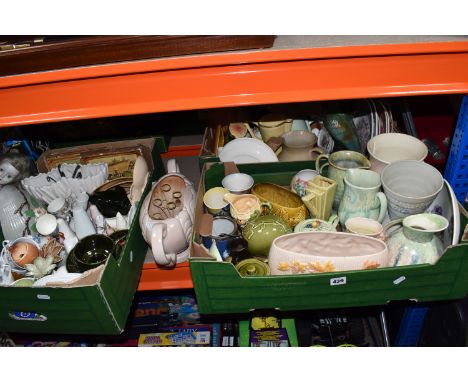 THREE BOXES AND LOOSE CERAMICS, to include a Govancroft twin handled vase with wire floral frog, a Sylvac bulbous jug no 222,