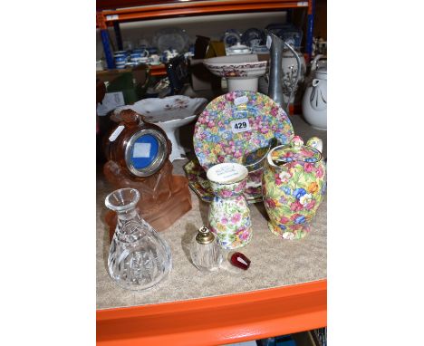 A GROUP OF CERAMICS, GLASS AND METALWARE, comprising five pieces of Chintz tea ware: a Royal Winton 'Sweet Pea' milk jug (rep