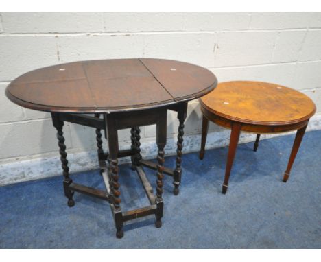 A 20TH CENTURY OAK BARLEY TWIST GATE LEG TABLE, open width 92cm x depth 61cm x height 73cm, along with a walnut oval occasion
