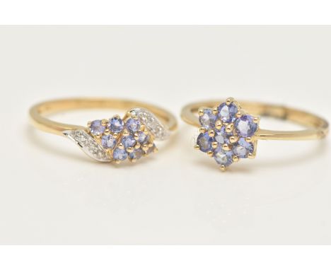 TWO GEM SET RINGS, two cluster rings set with circular cut tanzanite, both hallmarked 9ct Birmingham, ring size both R, appro