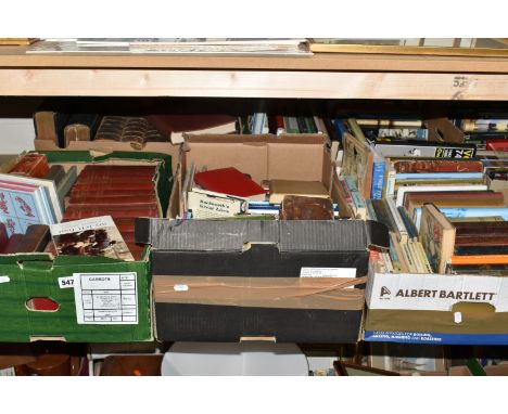 FIVE BOXES OF BOOKS to include sixteen early twentieth century volumes of Rudyard Kipling's works, two Folio Society books (w