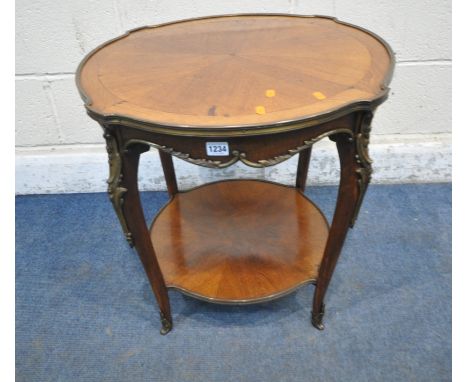 A LATE 19TH / EARLY 20TH CENTURY FRENCH CIRCULAR LAMP TABLE, the top and undershelf with fan shaped veneers, surrounded by br