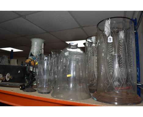 A GROUP OF LARGE MISCELLANEOUS ITEMS to include two glass garden cloche height approximately 37cm, a pair of etched glass lam