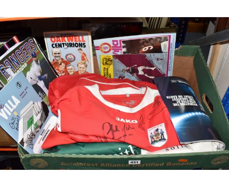 TWO BOXES OF SIGNED FOOTBALL ITEMS, BEN MOSLEY PAINTING, PLAYBOY MAGAZINES, DVDS AND CDS, to include a signed Ben Mosley pain