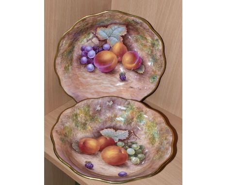 TWO ORB STEPHEN DARE (EX-ROYAL WORCESTER ARTIST) FALLEN FRUIT BOWLS, both hand-painted fruit bowls with gilt rims, depicting 