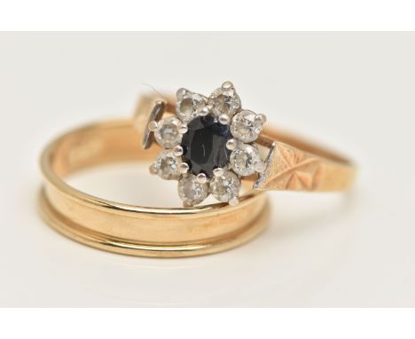 TWO 9CT GOLD RINGS, the first a yellow gold floral cluster ring set with blue sapphire and cubic zirconia, together with a po