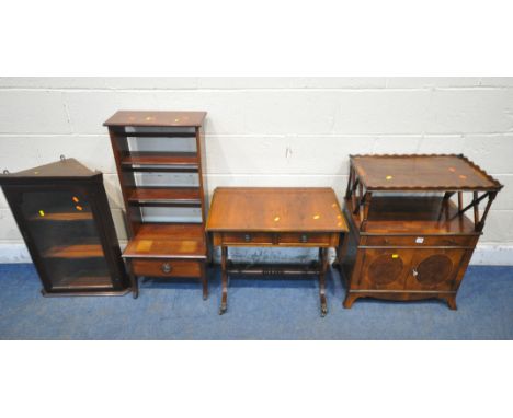 A REPRODUCTION YEW WOOD CABINET, the top with raised wavy edges, on cross supports, above a single drawer and double cupboard
