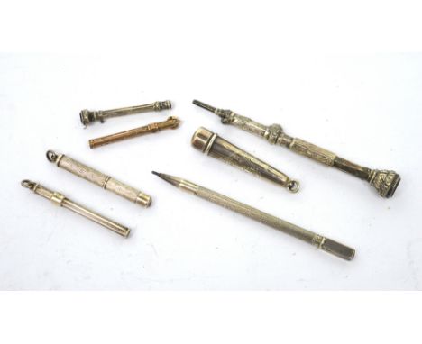 Four assorted hallmarked silver propelling pencils, Birmingham 1904 and later, also a silver pencil lead holder, small propel