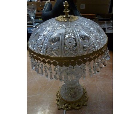 A mid-20th century brass-mounted cut glass table lamp with mushroom-form shade, height approx 45cm.