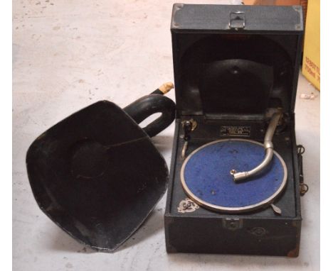 A Decca 'Model 66' portable record player with winder handle, 'Telesmatic' sound box and horn (possibly matched), height of c