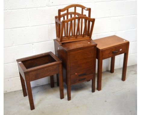 A tapestry upholstered hinged stool, an oak magazine rack, a mahogany sewing box, hinged box over two small drawers and an oa