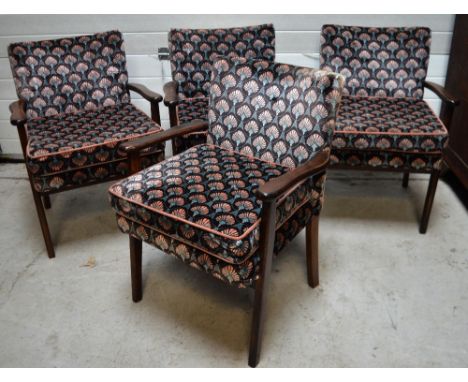 Four 1930s oak salon armchairs with Art Deco style velvet upholstery (4).