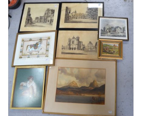 A set of three limited edition prints of ecclesiastical scenes; no141/200, no179/200 and no51/75, Unattributed; a watercolour