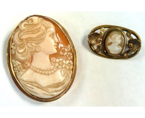 A cameo brooch with a 9ct gold mount, a yellow metal Art Nouveau style brooch with central cameo (2).