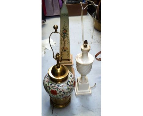 A carved marble urn-shaped table lamp, a Chinese ceramic and brass table lamp and a floral-painted tin obelisk (3).