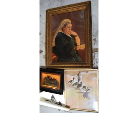 A print of Queen Victoria, a print of Ducks by Vernon Ward, a relief picture of 'The Rows of Chester', all framed and glazed 