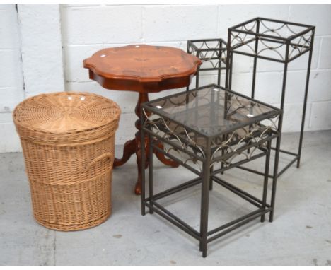 A 20th century Sorrento inlaid lamp table, a contemporary wrought iron lamp table, two matching side tables, each with glass 