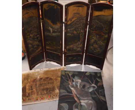 An early 20th century Japanese four-panel wooden screen, each upper panel hand-painted and gilded with raised arboreal detail