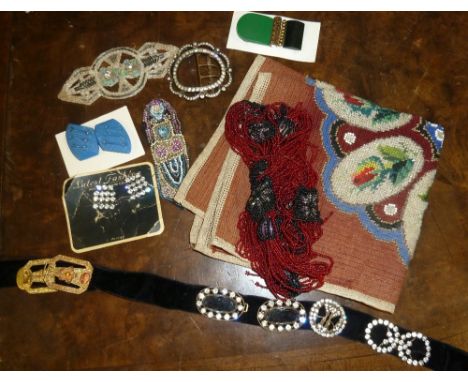 A quantity of beadwork to include a tapestry with clear beads for Victorian footstool, a 1920s beaded necktie with red beads 